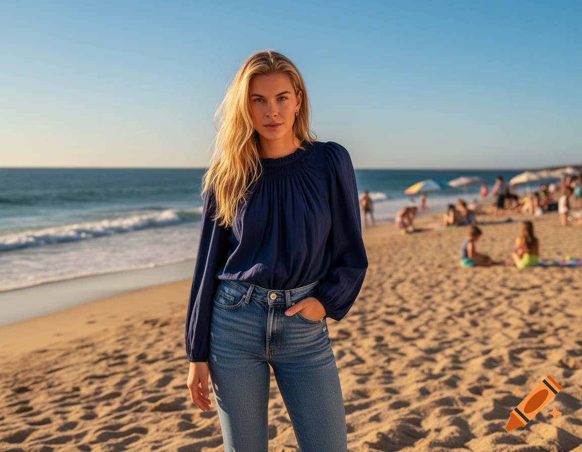 A blonde woman in a navy blouse and jeans stands on a sandy beach with the ocean in the background, under a clear sky.