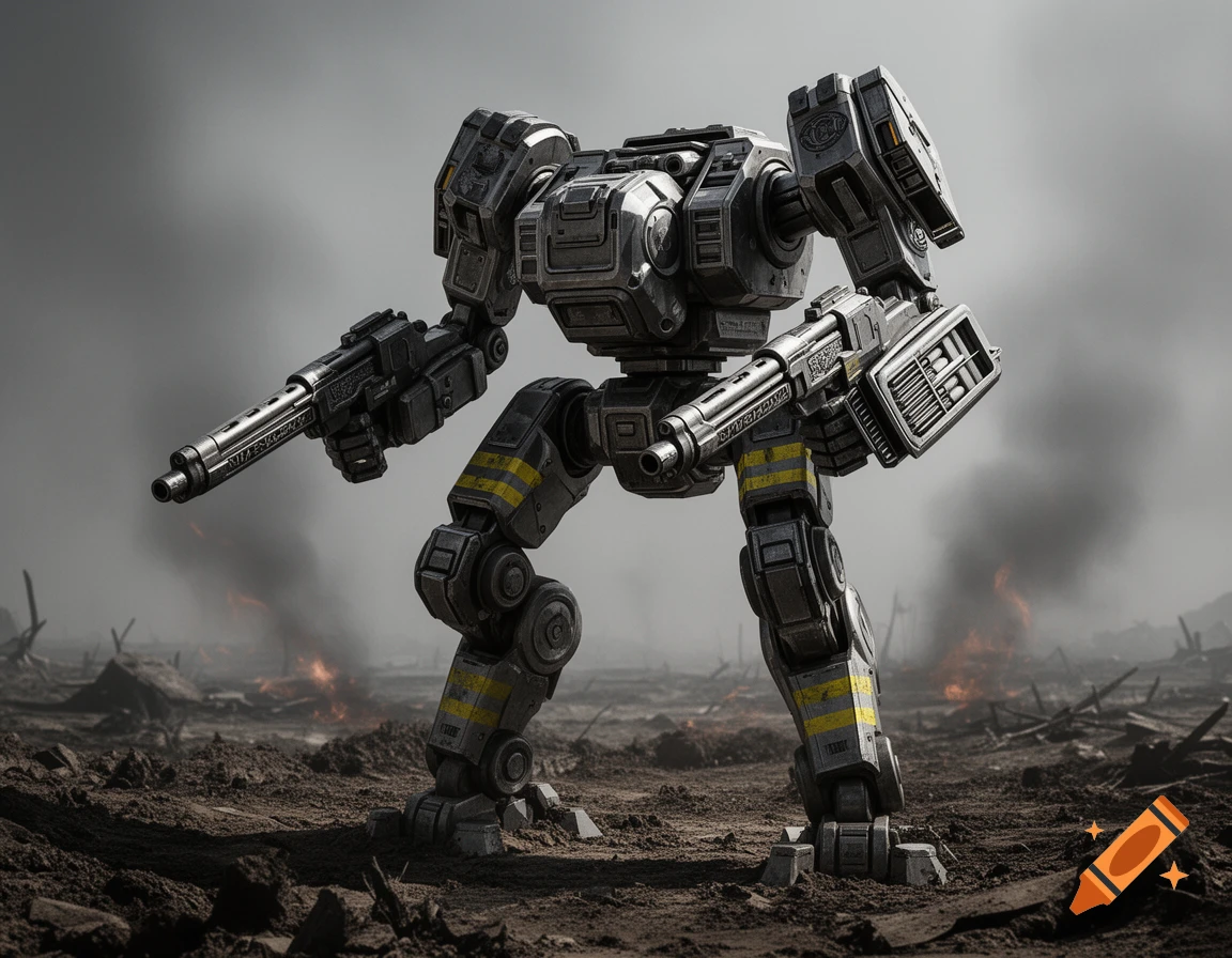 A detailed Battletech-style mech with twin barrel guns and a missile pod stands in a smoky, war-torn landscape.
