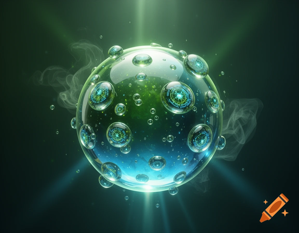 A glossy, translucent green and blue sphere covered in smaller bubbles with glowing circuitry inside, against a dark background with light rays.