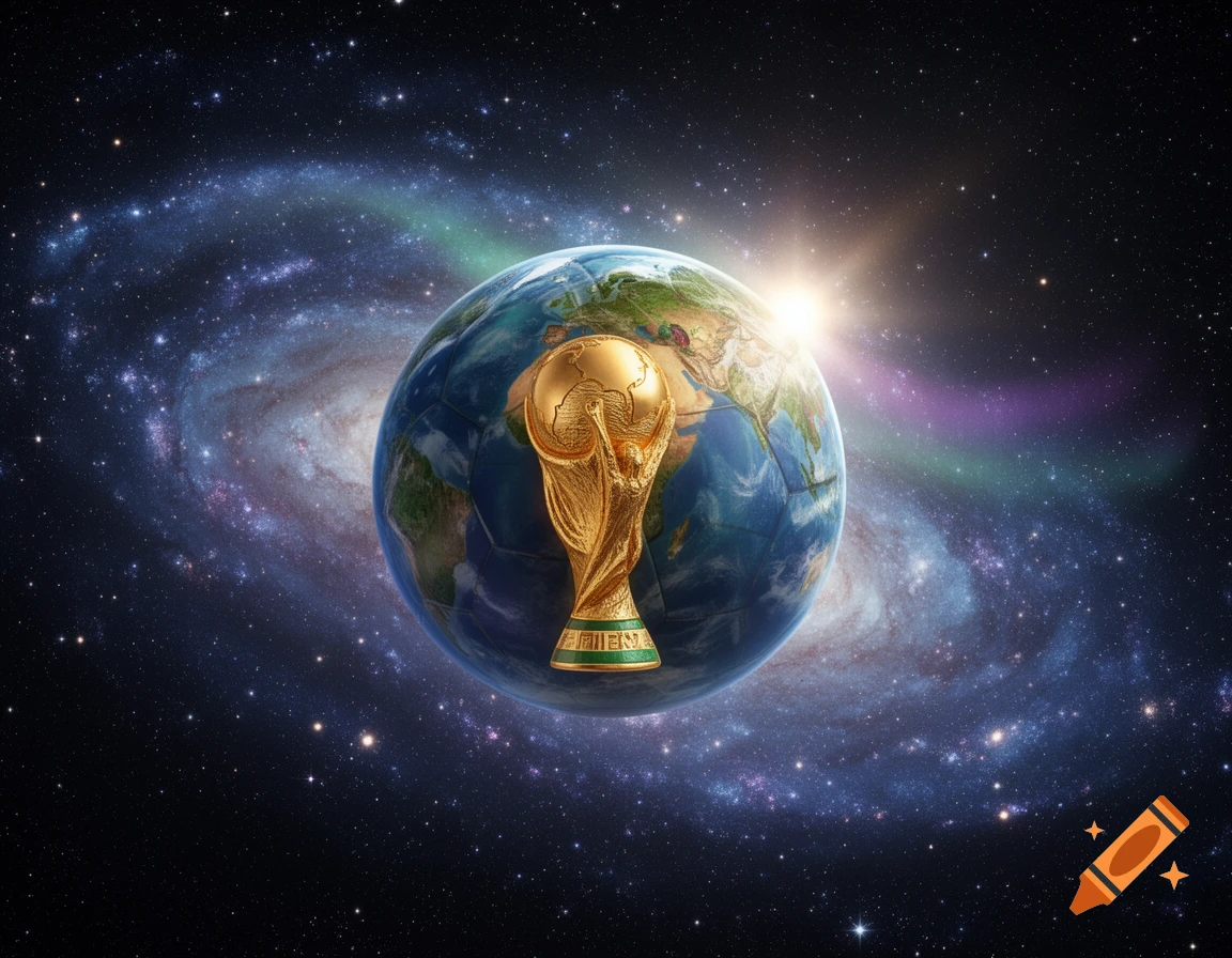 Golden FIFA World Cup trophy in front of planet Earth, set against a vibrant galaxy in outer space.