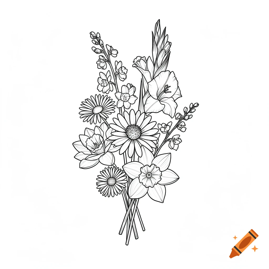 Black and white line art illustration of a bouquet of daisies, water lilies, gladiolus, and narcissus flowers arranged for a simple tattoo design.