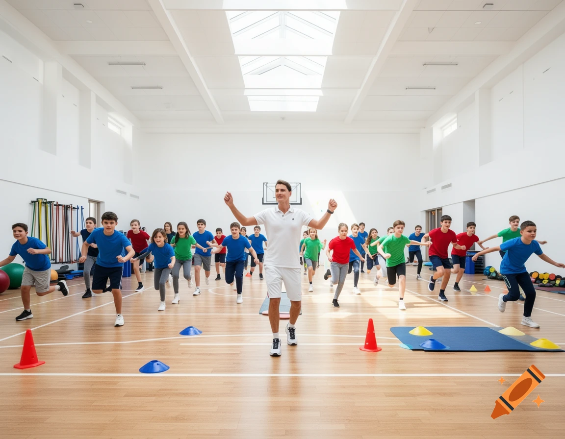 Photorealistic image of an adult instructor leading a group of children in a running exercise in a bright gymnasium.