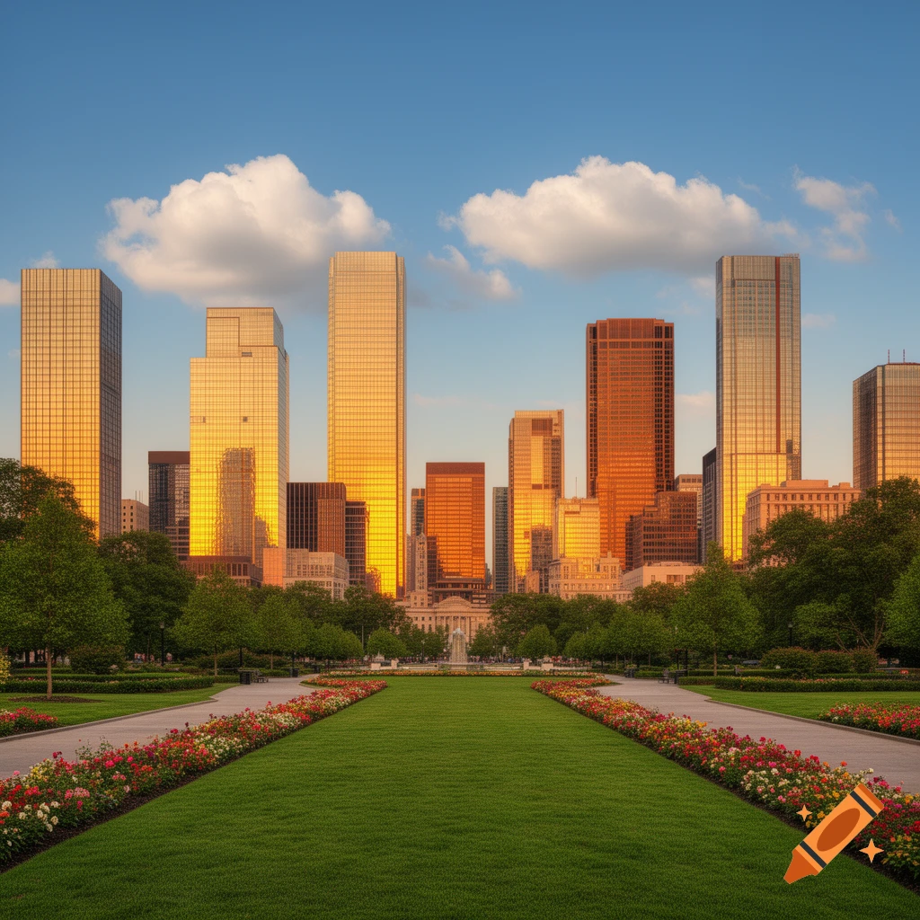 Photorealistic cityscape with golden hour reflections on skyscrapers, viewed from a green park with flower beds and trees.