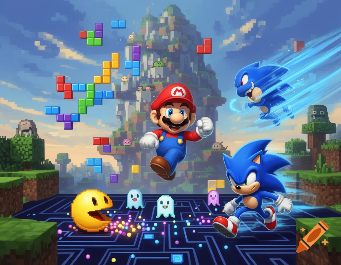 Mario, Sonic, and Pac-Man run through a vibrant, blocky world with Tetris blocks falling and Minecraft elements.