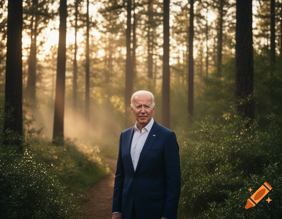 Photorealistic image of Joe Biden in a blue suit and white shirt, standing on a forest path with sunbeams shining through the trees.
