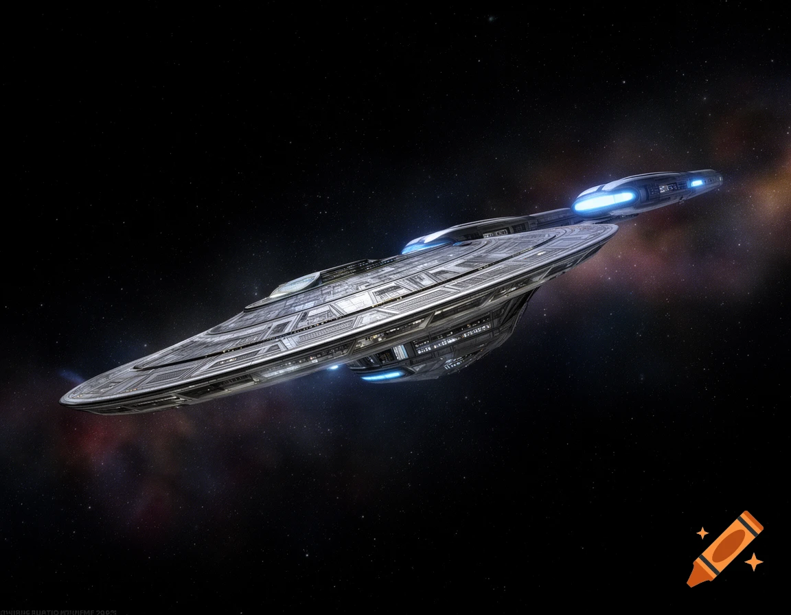 A detailed, futuristic spaceship with glowing blue engines flies through deep space with a distant nebula.