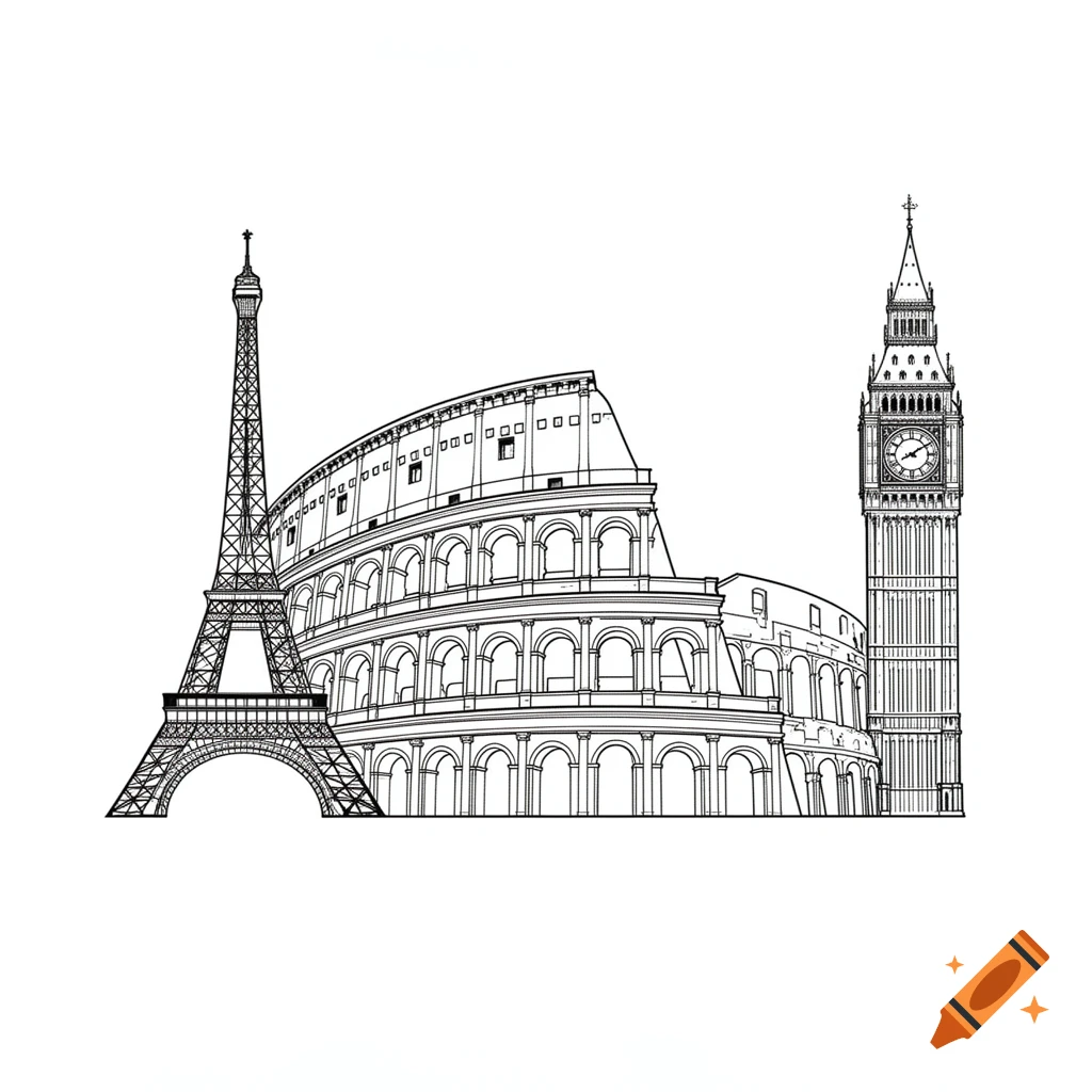 Line art drawing of the Eiffel Tower, Colosseum, and Big Ben merged into a single continuous object on a white background.