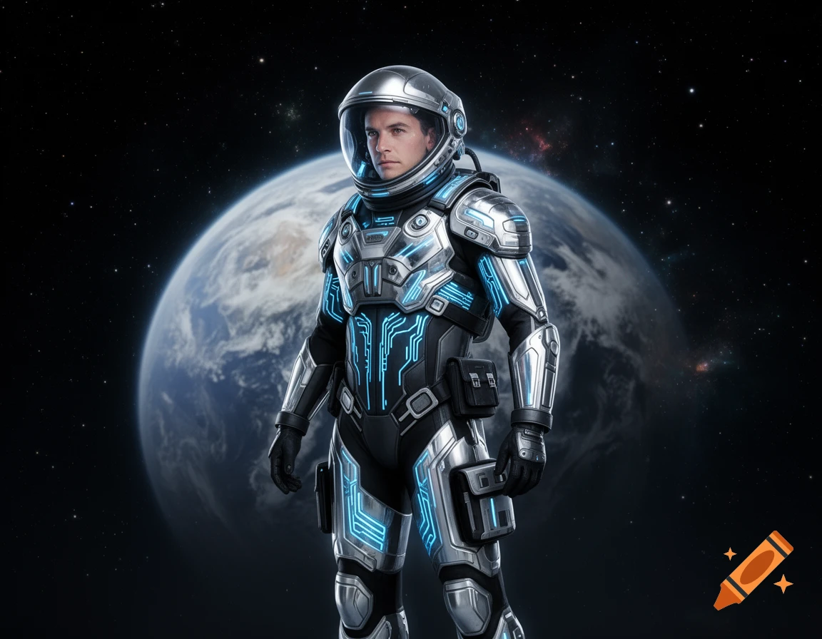 A man in a detailed silver and black futuristic astronaut suit with glowing blue circuits stands in space before Earth.