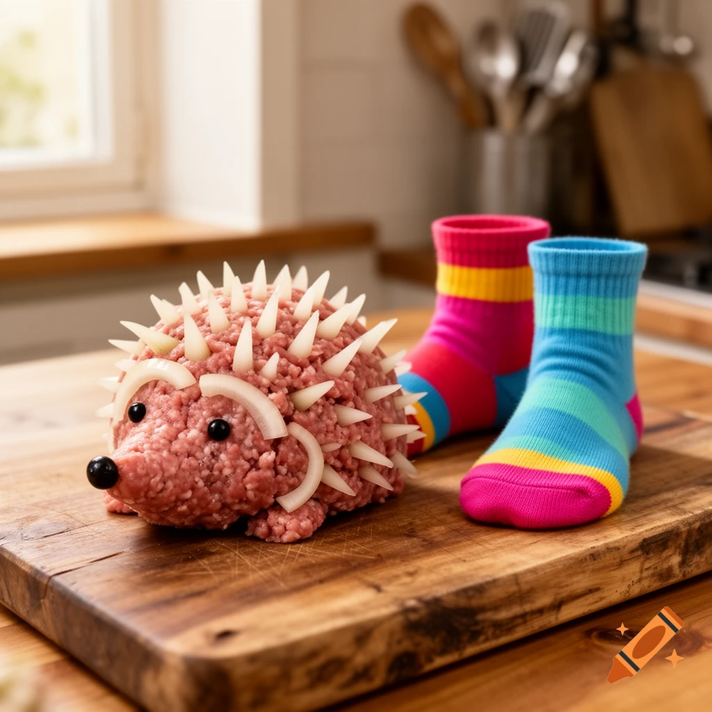 A raw ground meat hedgehog with onion spikes and black eyes, next to colorful striped socks, on a wooden board in a kitchen.