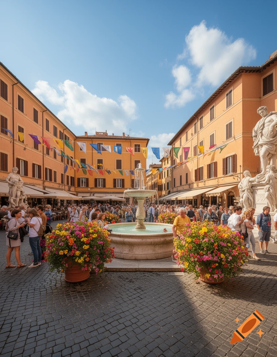 A bustling European piazza with a stone fountain, orange buildings, colorful flags, and many people enjoying the sunny day.