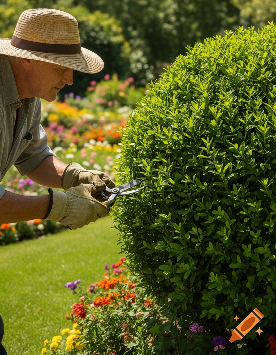 A man in a straw hat and gloves trims a green bush with clippers in a sunny garden with colorful flowers.