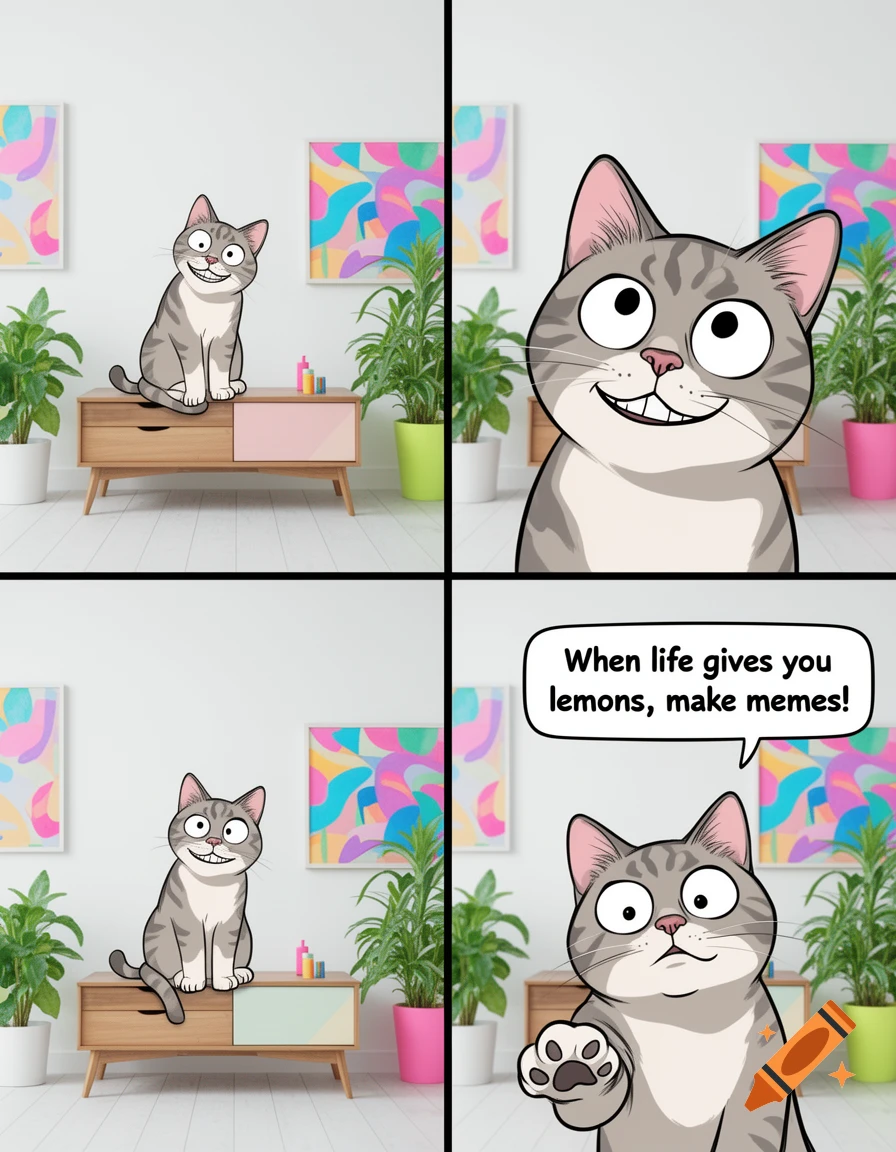 A four-panel cartoon meme featuring a smiling gray tabby cat, with a speech bubble that reads "When life gives you lemons, make memes!"