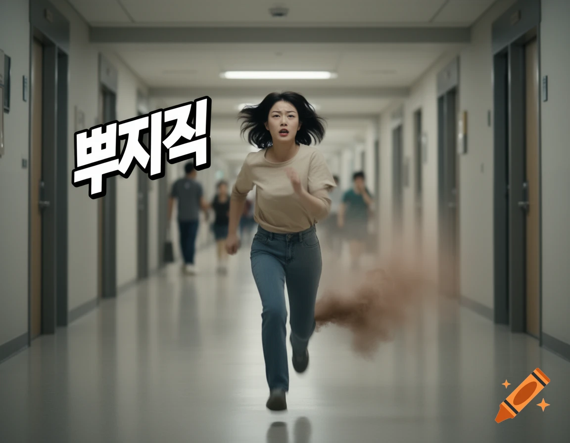 A young woman with an anxious expression runs urgently down a long public building hallway as a brownish smoke cloud trails behind her. Large Korean comic text reads "뿌지직".