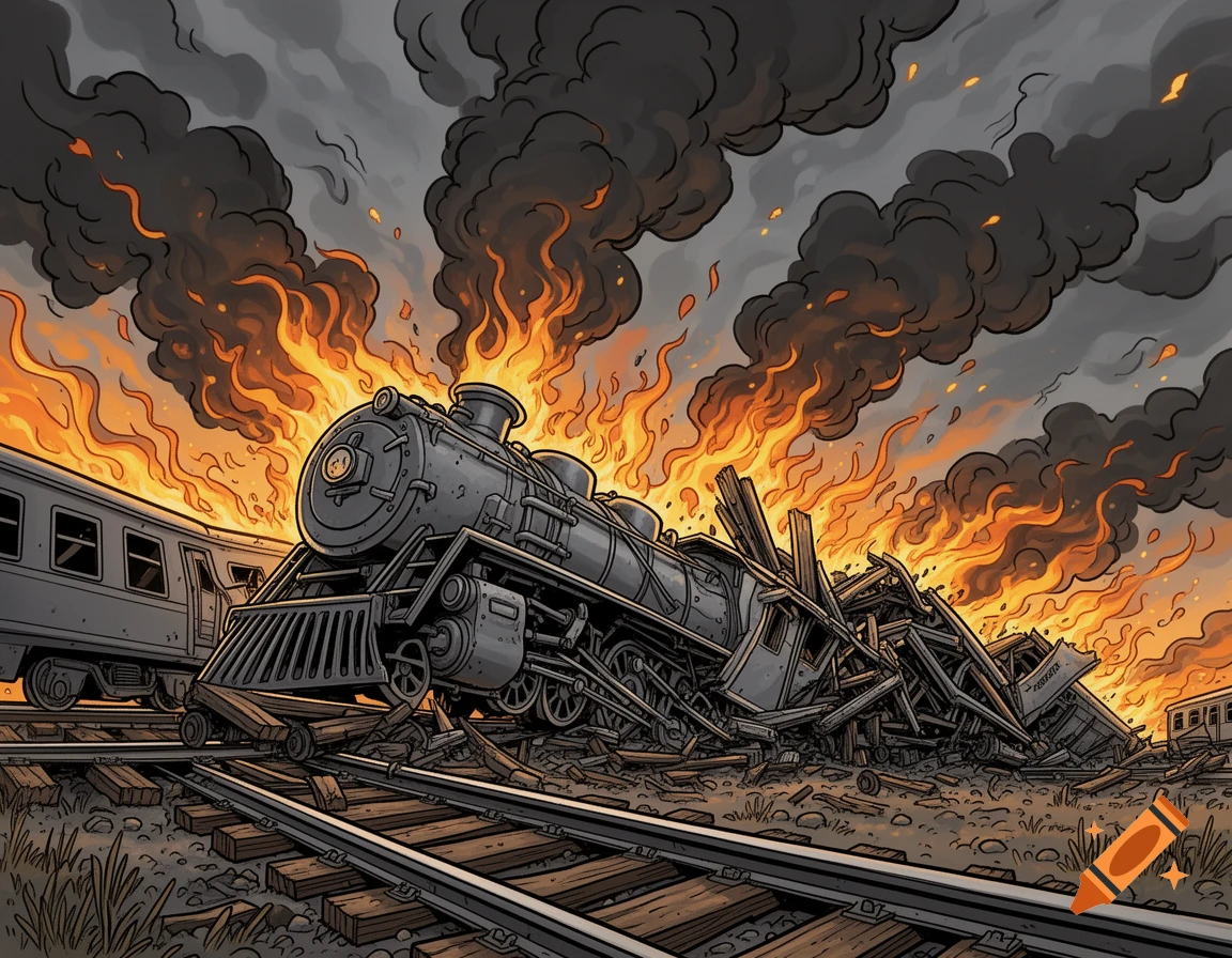 Cartoon style illustration of a massive train wreck with fire and smoke billowing into a dark sky.