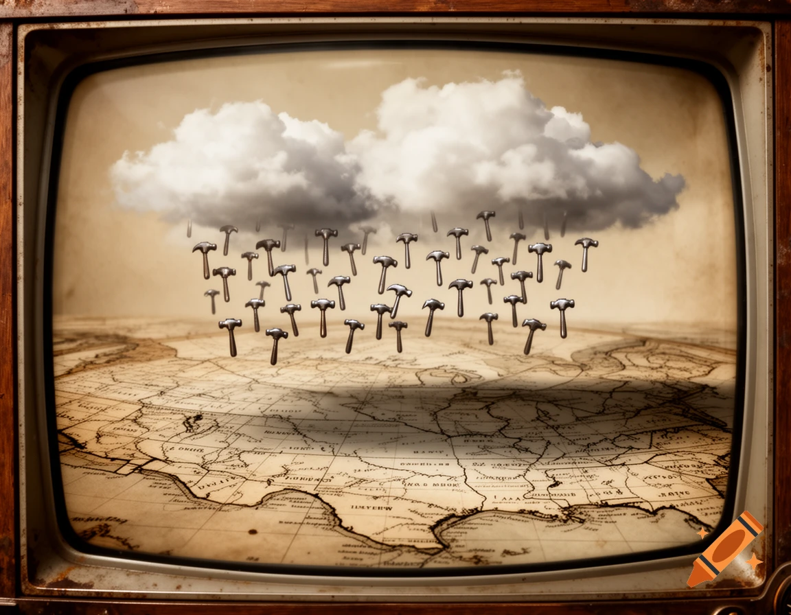 An old television displays a vintage map of North America with clouds above, from which metallic hammers rain down.