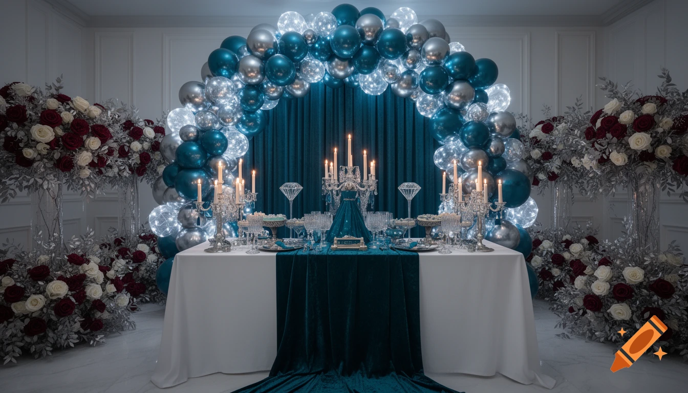 A luxurious party setup featuring a teal and silver balloon arch, a dessert table with candles and crystalware, and elegant floral arrangements with red and white roses.