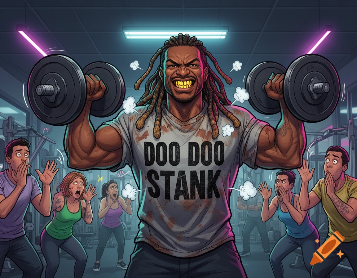 Cartoon man with dreadlocks, gold teeth, and a "DOO DOO STANK" shirt flexing in a gym, making other gym-goers react in disgust.