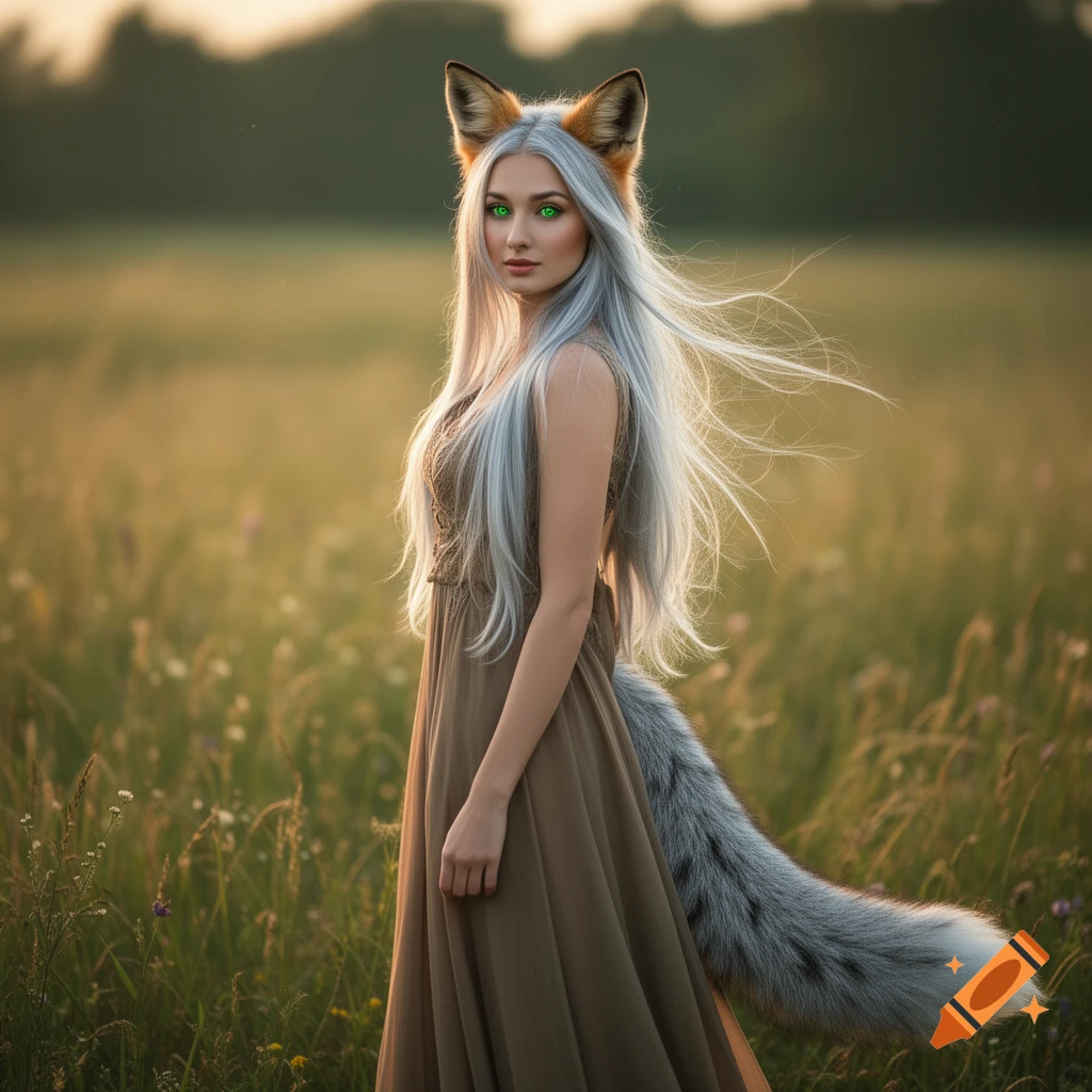 A woman with long silver hair, emerald green eyes, fox ears, and a fox tail stands in a golden grassy field at sunset.