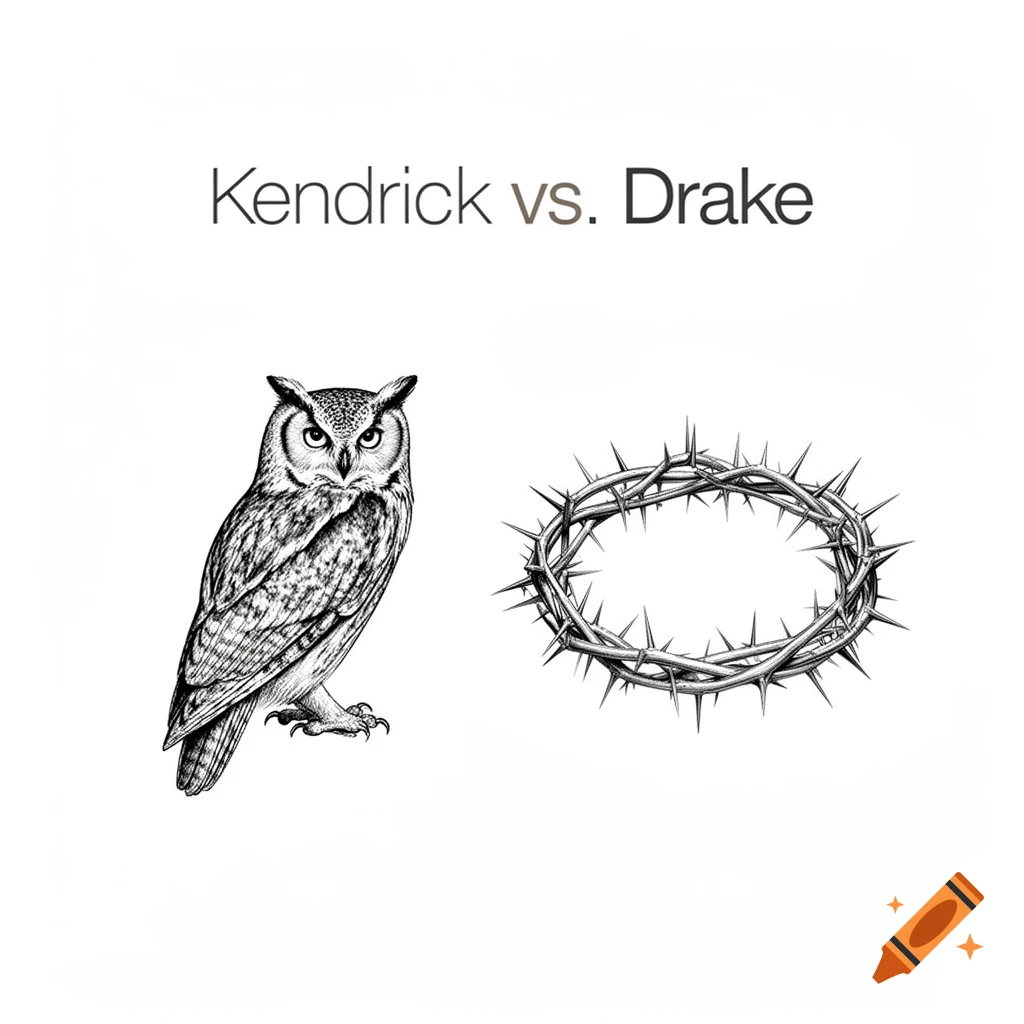 Minimalist black and white illustration of an owl and a crown of thorns with the text "Kendrick vs. Drake".