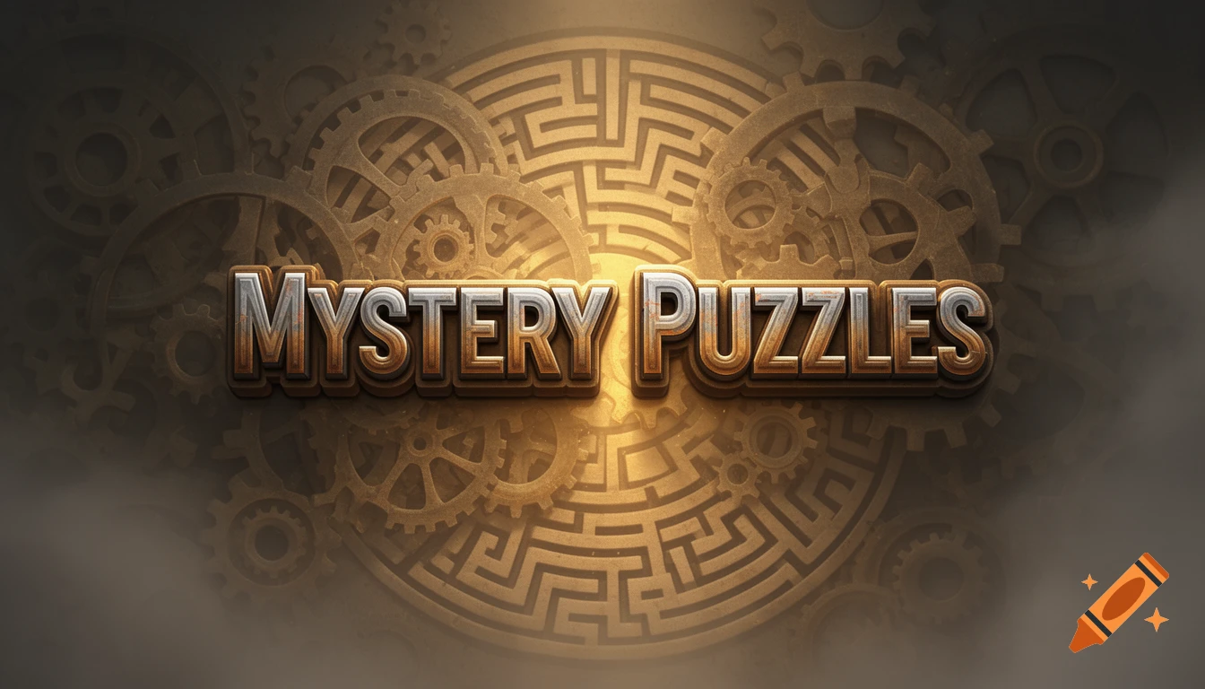 A title screen featuring the words 'MYSTERY PUZZLES' in metallic text over a background of steampunk gears and a maze.