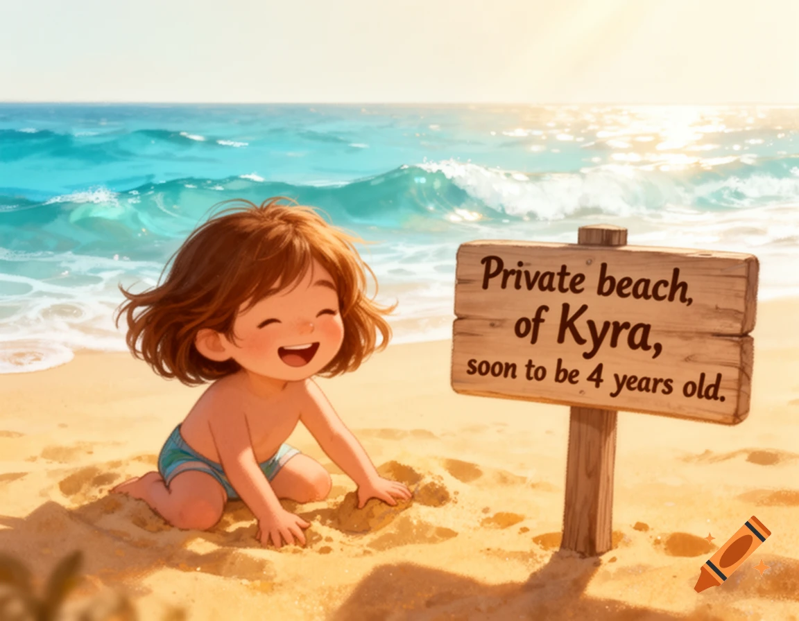 A whimsical, storybook-style illustration of a happy child with brown hair playing on a sunny beach next to a wooden sign in the sand.