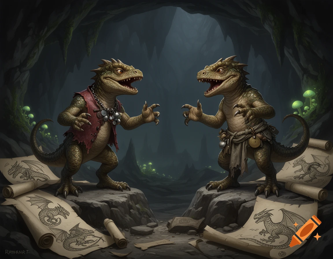 Two green-skinned kobolds arguing in a dark cave with glowing mushrooms, surrounded by scrolls depicting dragons.