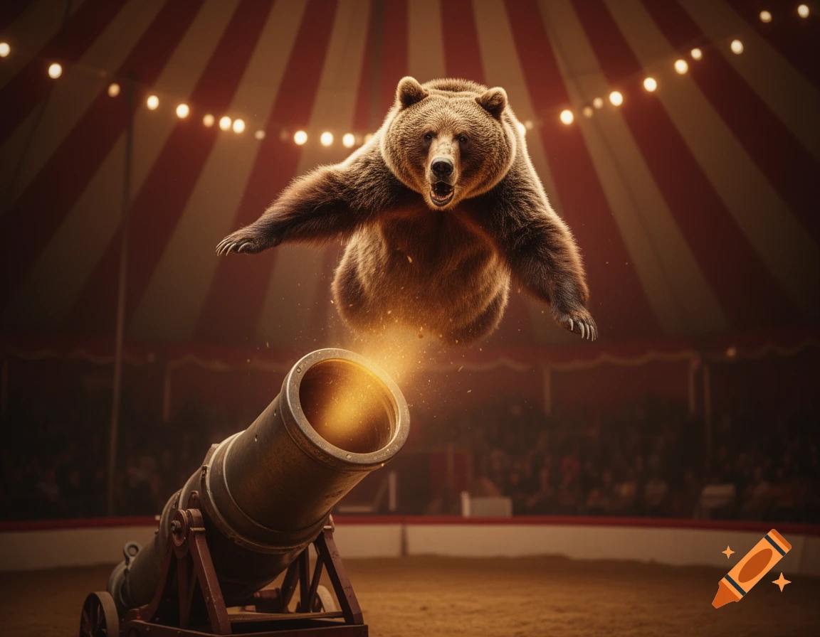 A photorealistic brown bear is launched from a cannon with a fiery blast in a dimly lit circus tent.