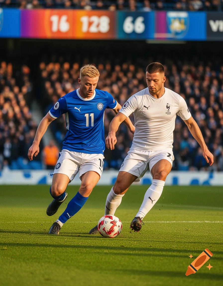 Two male soccer players dribbling a ball on a green field during a game, with stadium crowd in background, photorealistic.