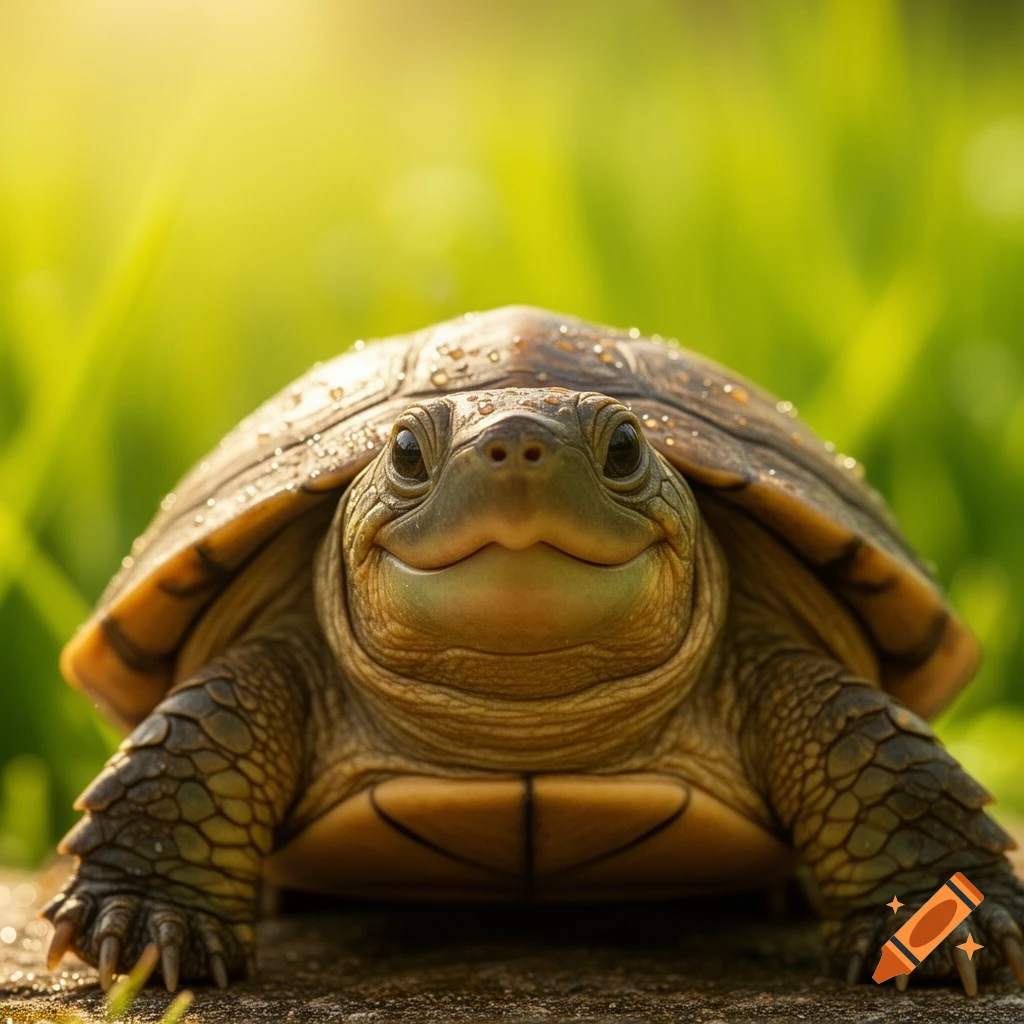 A close-up of a smiling turtle with water droplets on its shell, in a sunny green grassy setting.