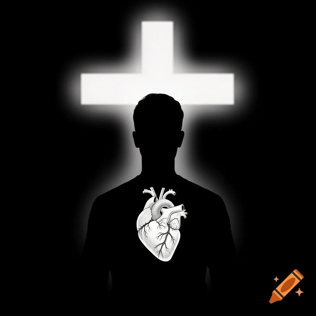 Minimalist illustration of a man's silhouette with a white anatomical heart on his chest and a glowing white cross behind his head, all on a black background.