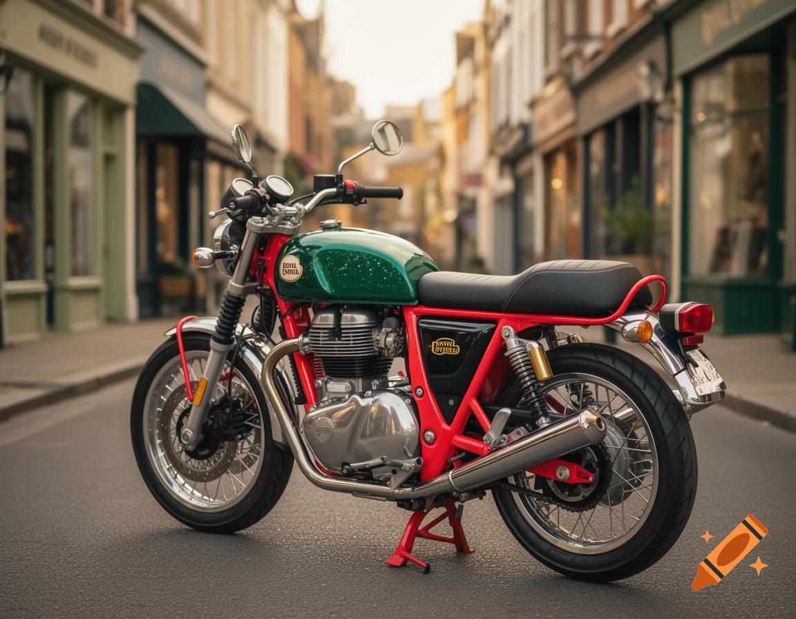 A classic Royal Enfield motorcycle with a green tank and red frame, parked on a European street with blurred buildings.