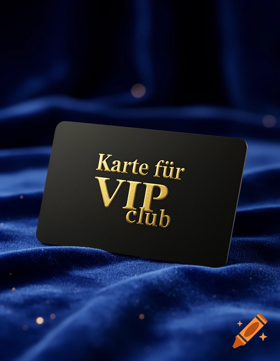 A black VIP club card with gold embossed text "Karte für VIP club" resting on a rich blue velvet fabric.