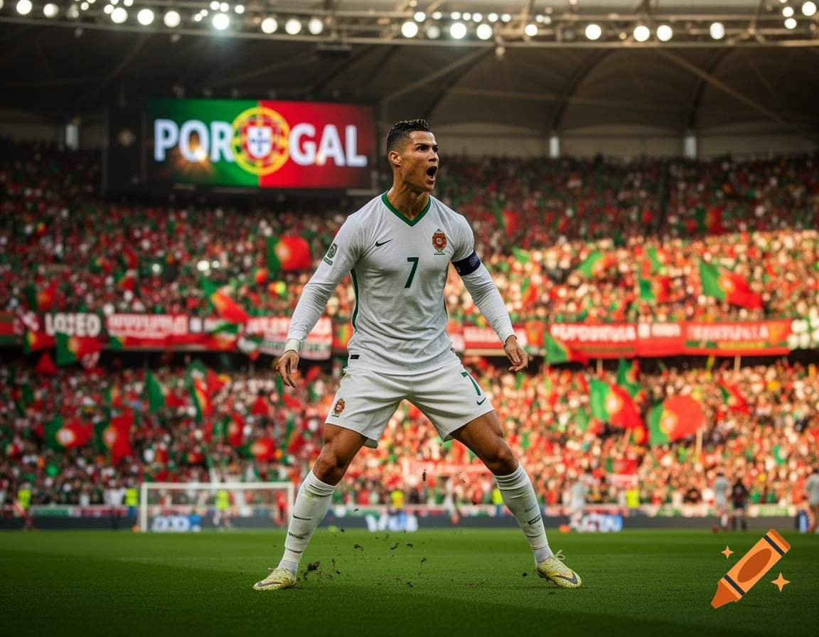 Cristiano Ronaldo celebrates on a soccer field in a packed stadium with a large screen displaying 'PORTUGAL'.