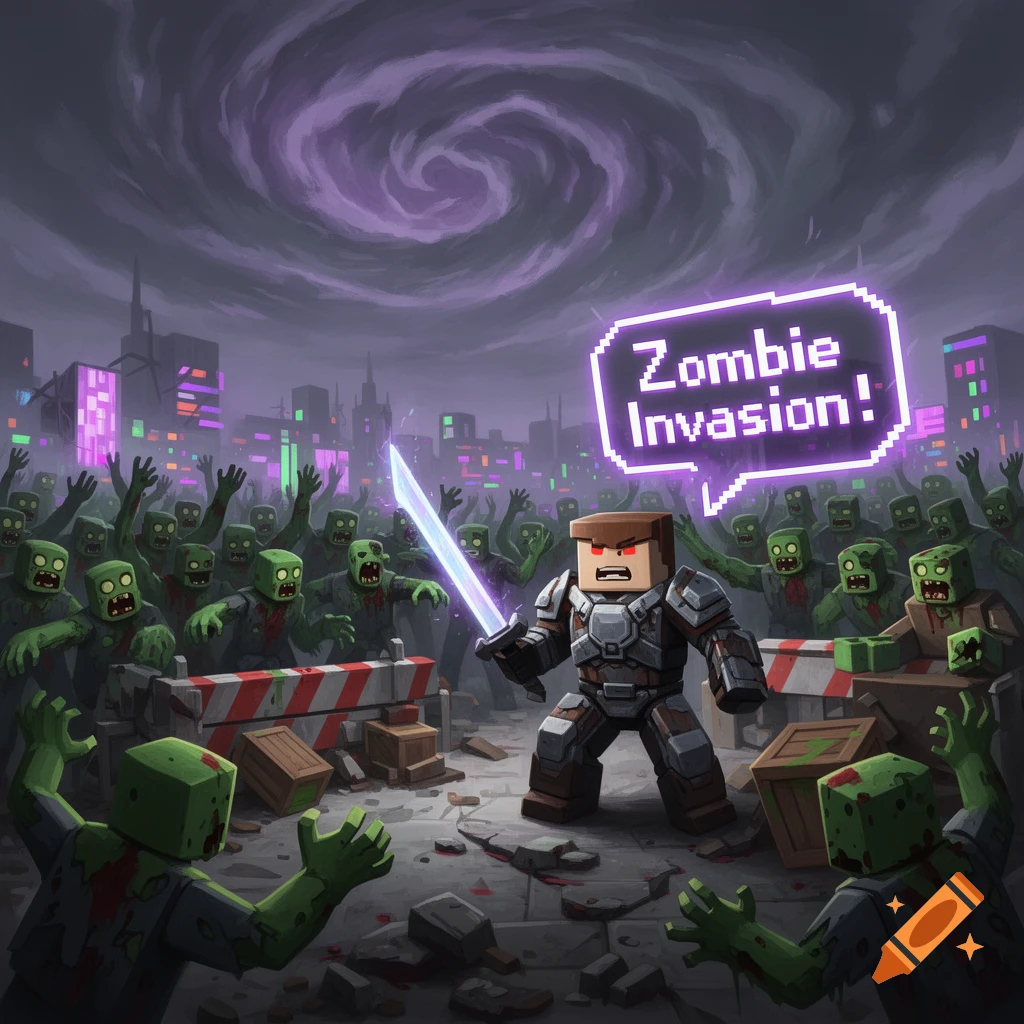 Blocky hero with a glowing sword battles green zombies in a ruined city; a speech bubble reads 'Zombie Invasion!'