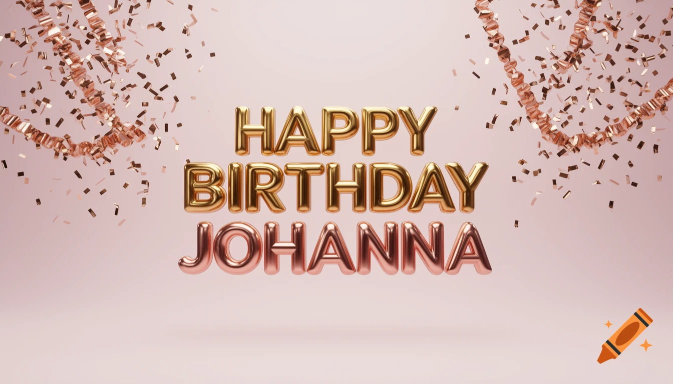 Luxurious 3D gold and rose gold "HAPPY BIRTHDAY JOHANNA" typography with cascading confetti on a pastel background.