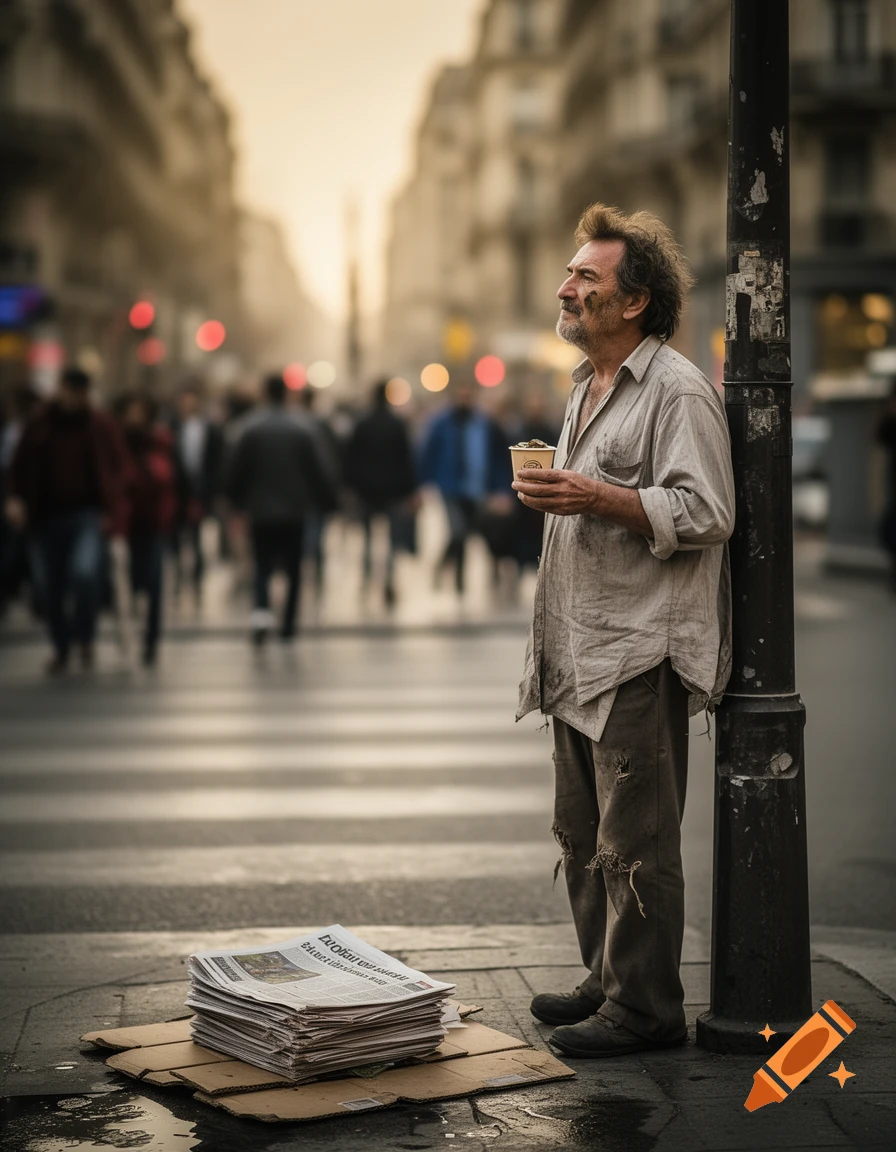A disheveled man leans against a lamppost on a busy city street, holding a cup. A stack of newspapers sits on cardboard beside him.