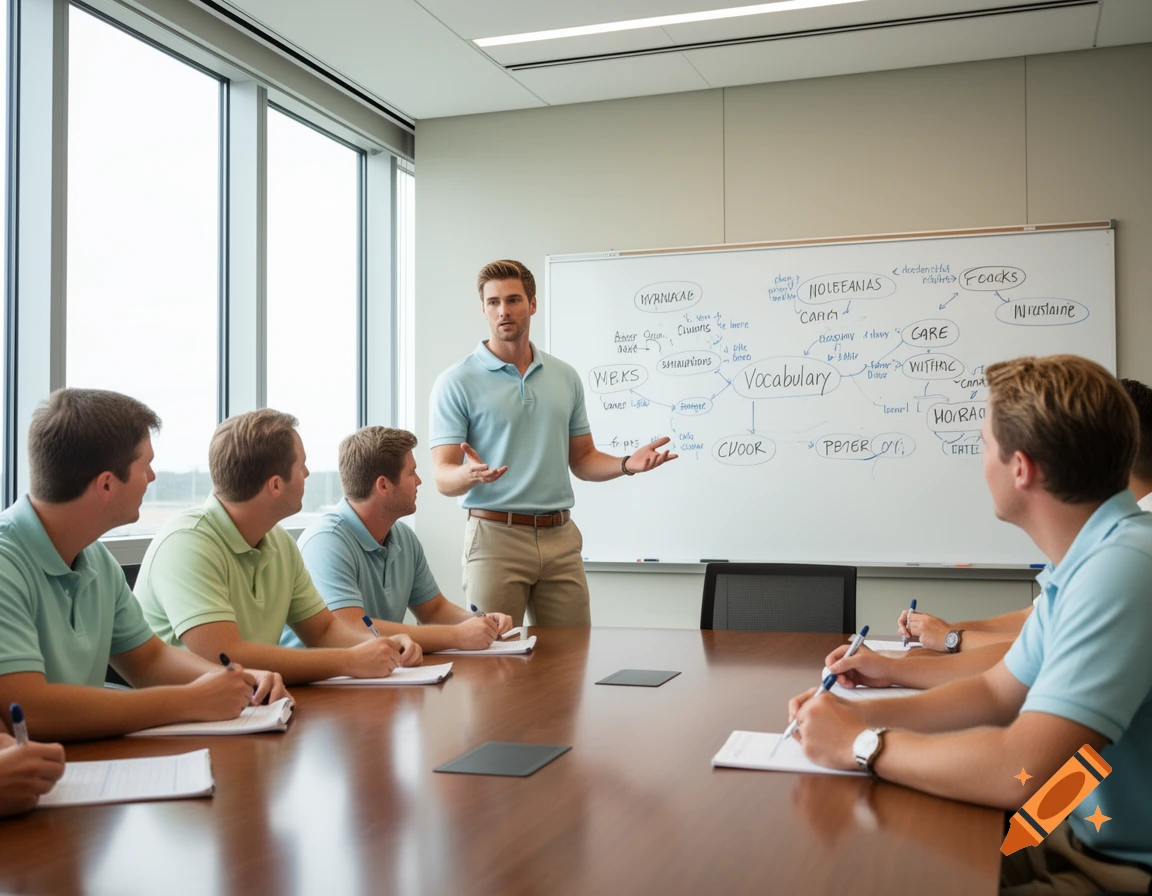 A man in a polo shirt presenting to a team of other men in a modern conference room with a whiteboard behind him.
