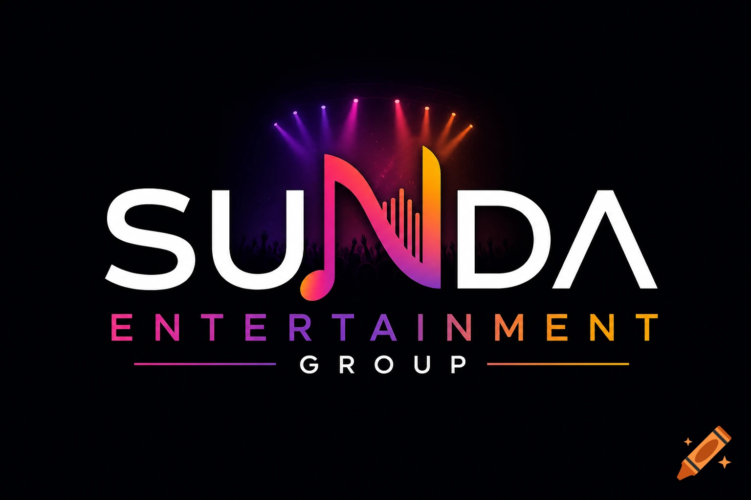 Logo for Sunda Entertainment Group with "SUNDA" in large white letters, the 'N' stylized as a musical note with sound bars and a gradient, and "ENTERTAINMENT GROUP" below in gradient colors, all against a dark background with stage lights.