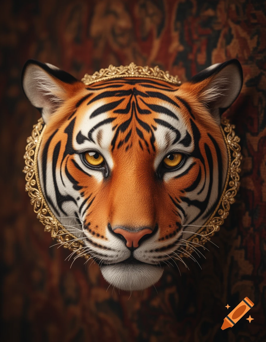 Close-up of a majestic tiger's head with bright yellow eyes, encircled by an ornate gold frame against a patterned dark background.