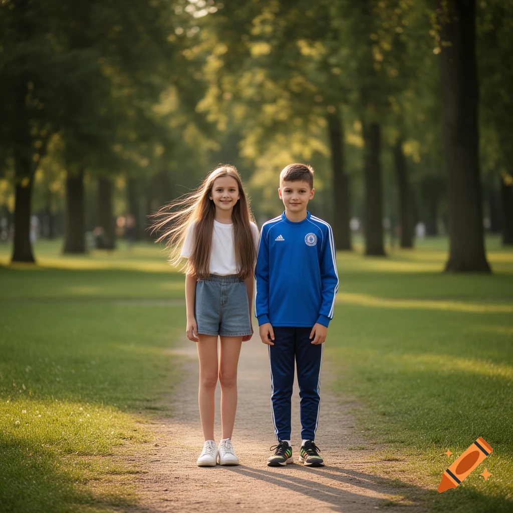 A smiling girl and boy stand side-by-side on a sunlit path in a park, looking at the camera.