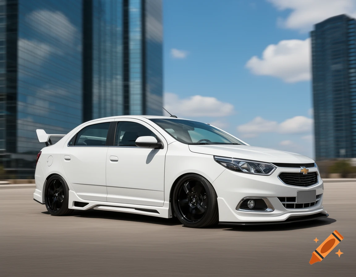 White Chevrolet Cobalt with aggressive body kit and black wheels in a city, with modern glass buildings in the background.