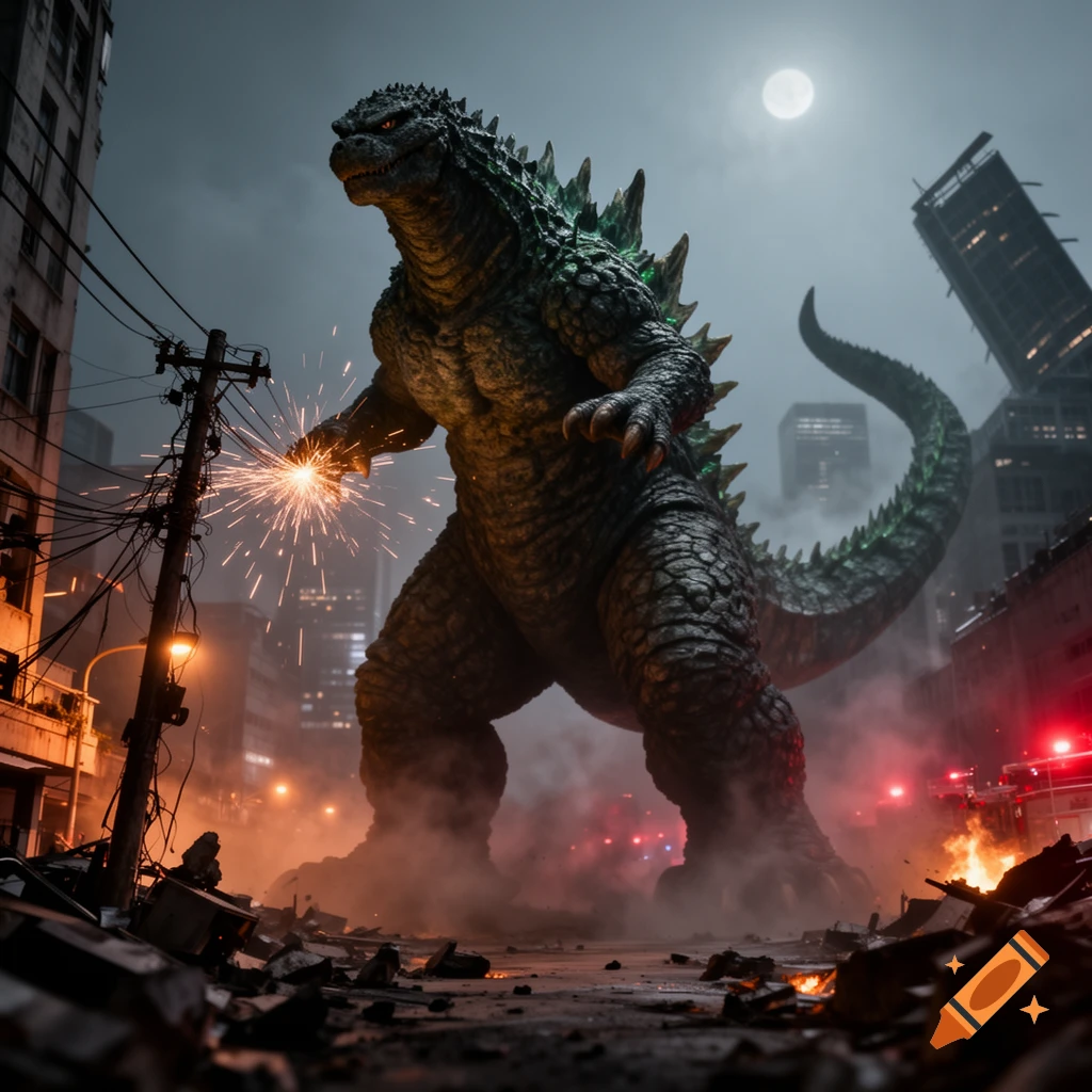 Photorealistic Godzilla stands amidst a destroyed city at night under a full moon, with sparks flying from a utility pole.