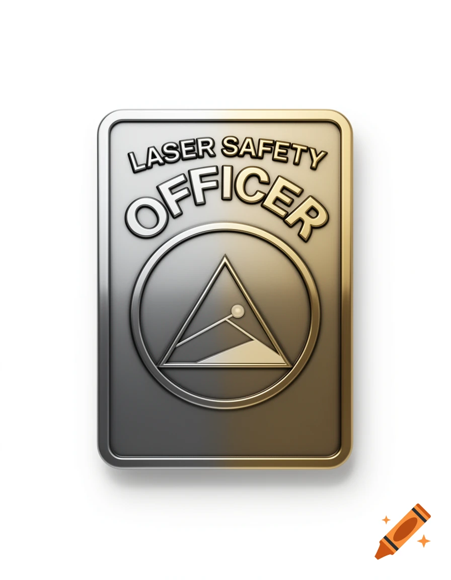 A metallic gold and silver badge with rounded corners features the text "LASER SAFETY OFFICER" above a circular logo containing a triangle and a dot.