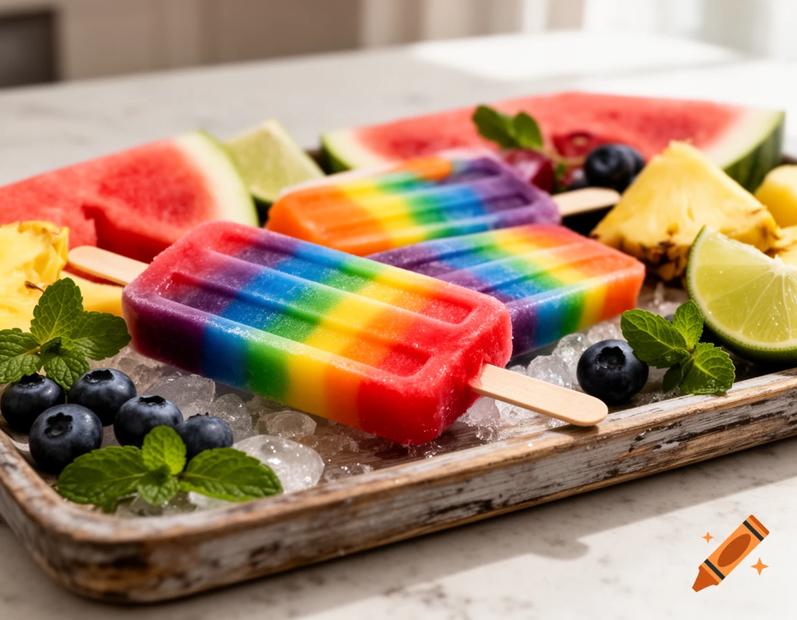 Close-up of two vibrant rainbow popsicles on ice, surrounded by blueberries, watermelon, pineapple, and lime on a wooden tray.