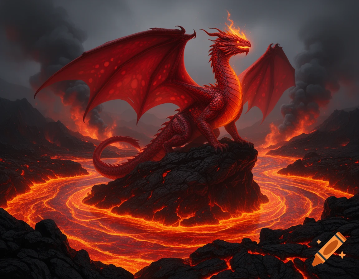 A vibrant red dragon with a fiery crest perches on a rock amidst flowing lava and dark, smoky skies.