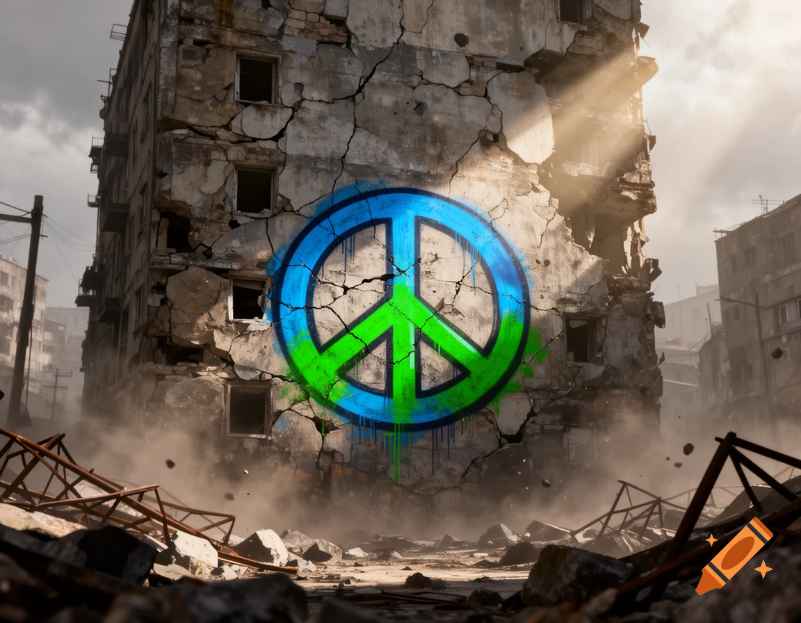 A vibrant blue and green peace sign graffiti on a crumbling, war-torn building in a post-apocalyptic city.