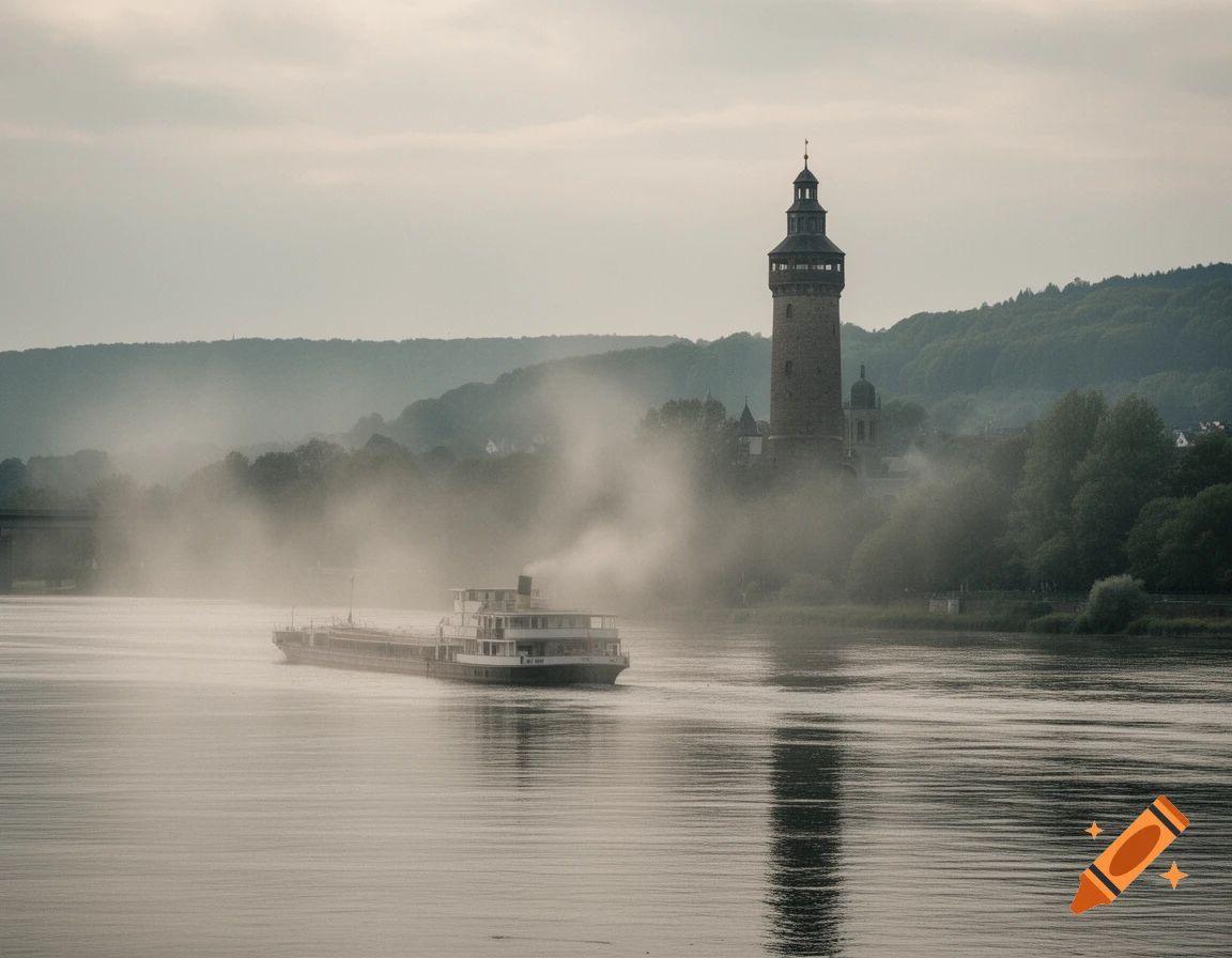 A riverboat emits smoke while sailing on a misty river, with a historic stone tower and forested hills in the background under a cloudy sky.