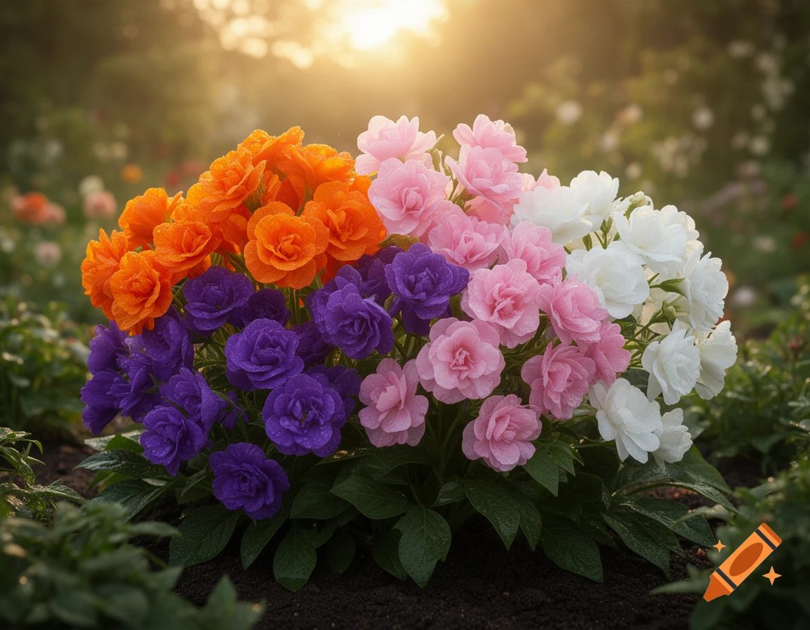 Vibrant bush of orange, purple, pink, and white flowers covered in dewdrops, blooming in a sunny garden.