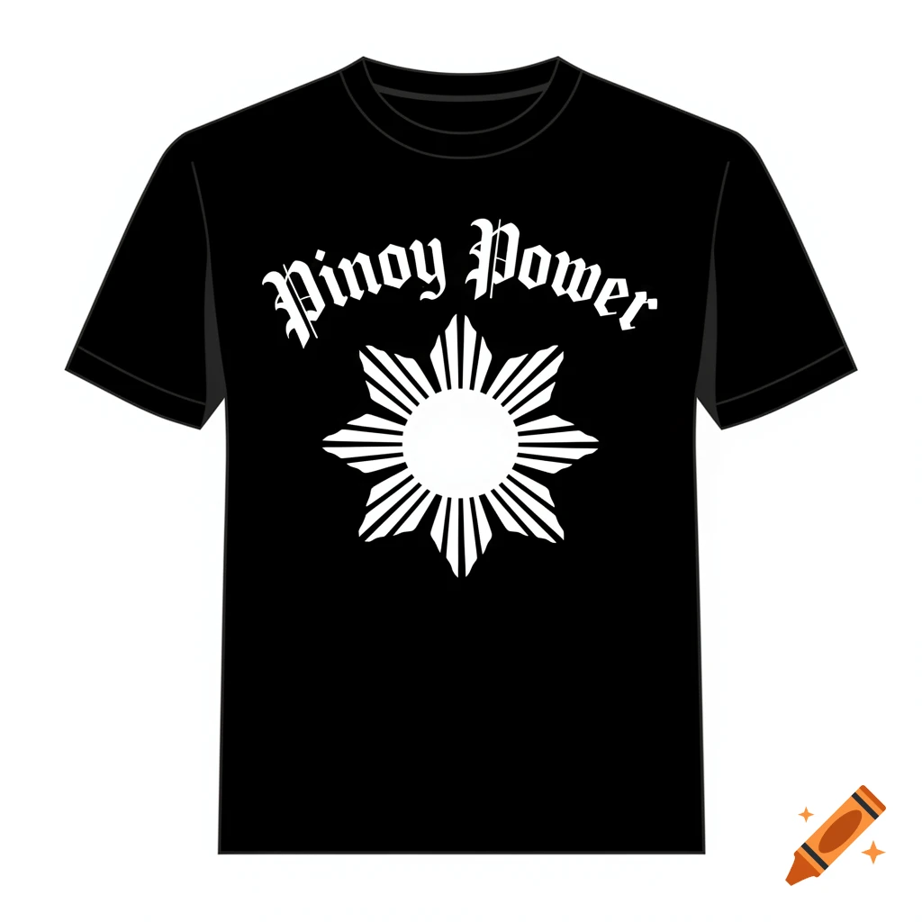 Black t-shirt with 'Pinoy Power' in white old English font arched over a white sun design with eight rays.