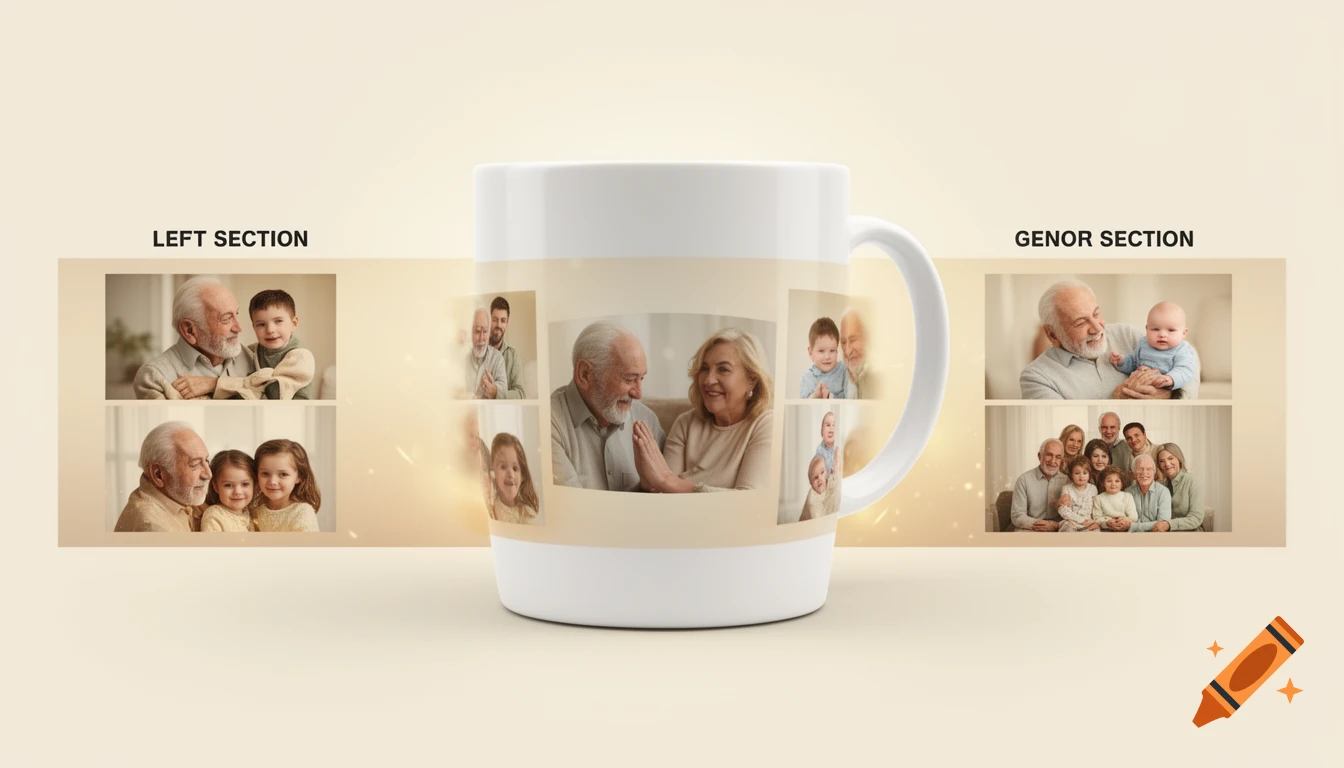 A white mug with a photorealistic collage wrap featuring a grandfather and his family, including children and grandchildren.
